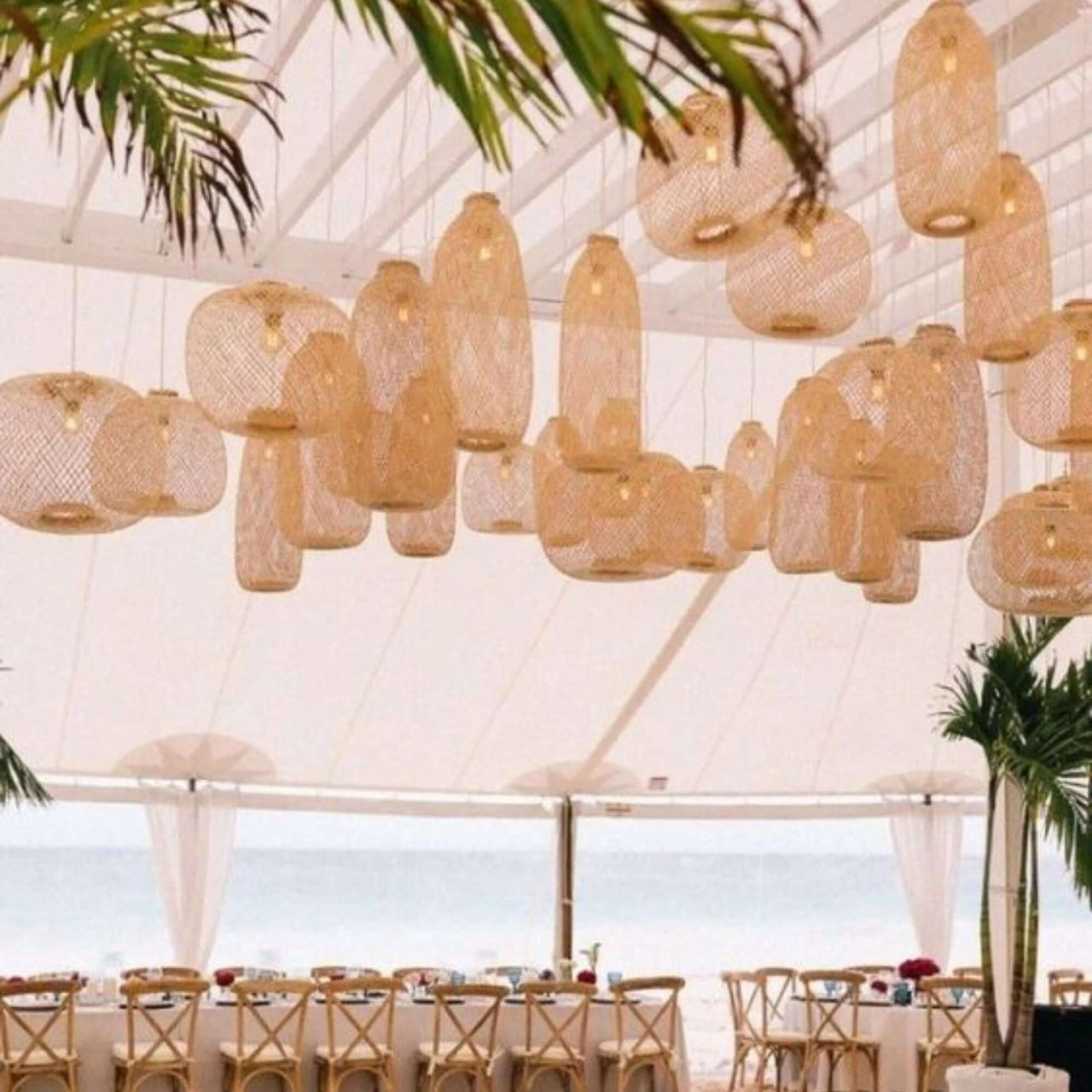 Handwoven bamboo pendant light with natural woven texture, by Thai artisans