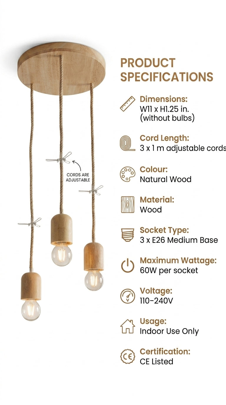 3-Light Spiral Wooden Pendant Cluster Chandelier