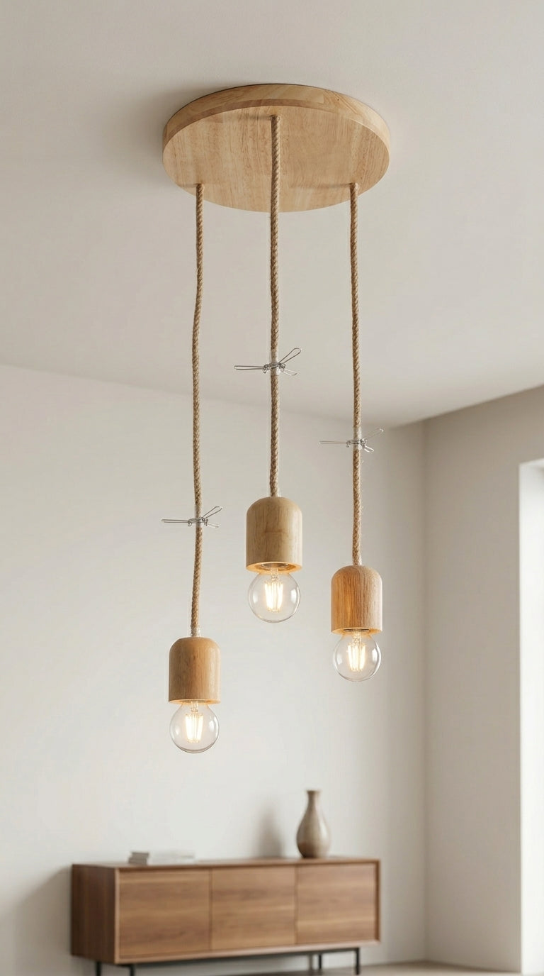 3-Light Spiral Wooden Pendant Cluster Chandelier