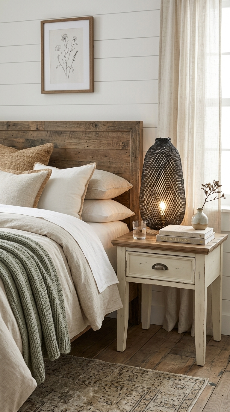 A DA bamboo boho table lamp styled on a nightstand