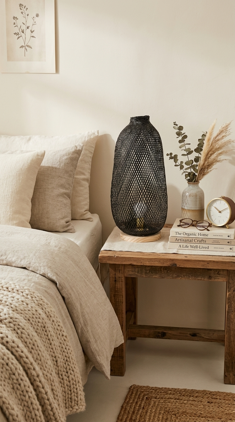 A DA bamboo boho table lamp lit, showing the dappled shadow pattern on a wall