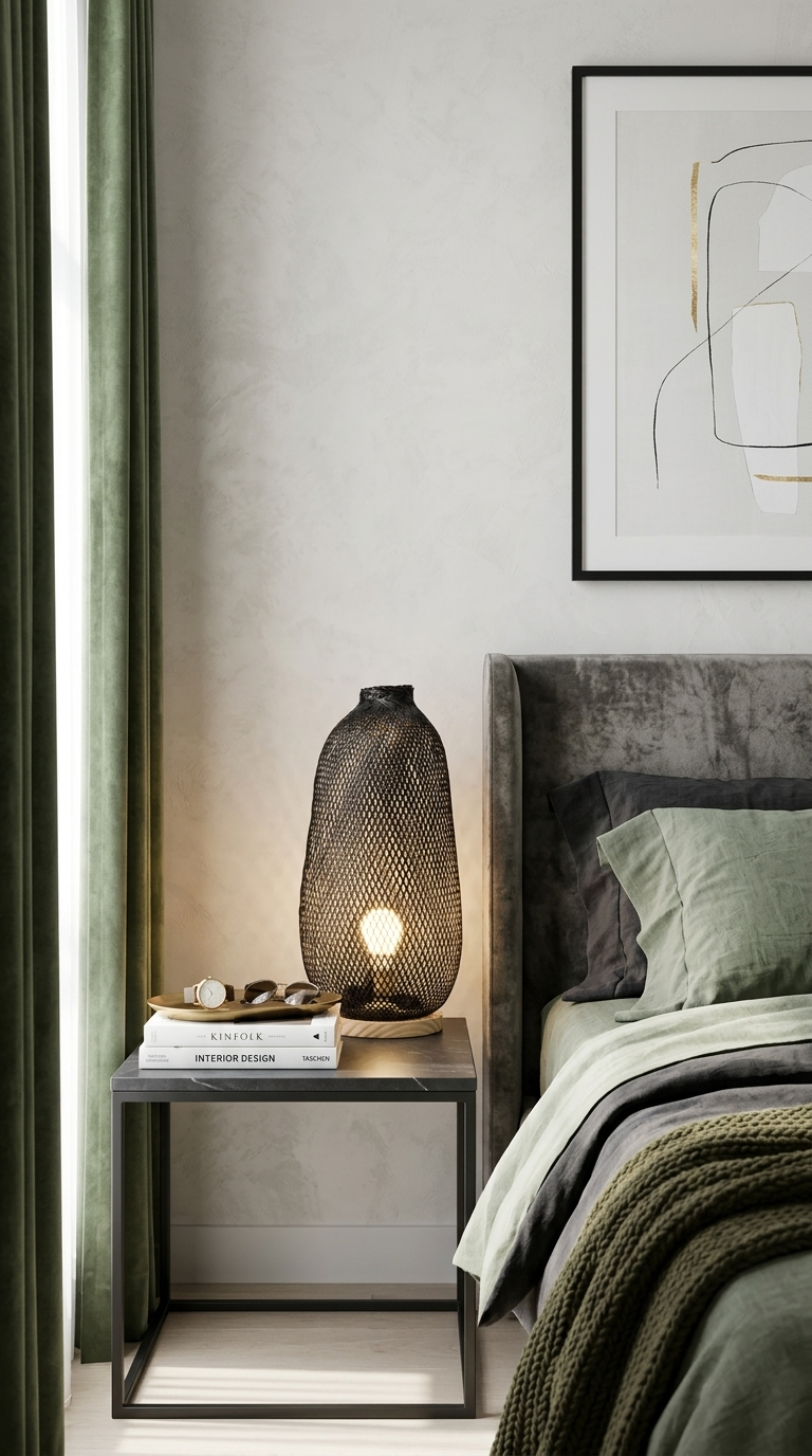 A DA bamboo lamp turned on in a dim room showing warm ambient lighting