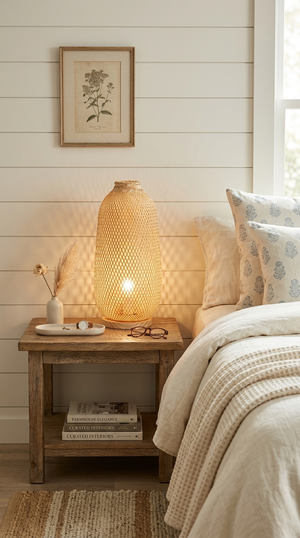Bamboo Table Lamp Handwoven Open-Weave Natural Wooden Base E27, 18 x 35 cm - A NA