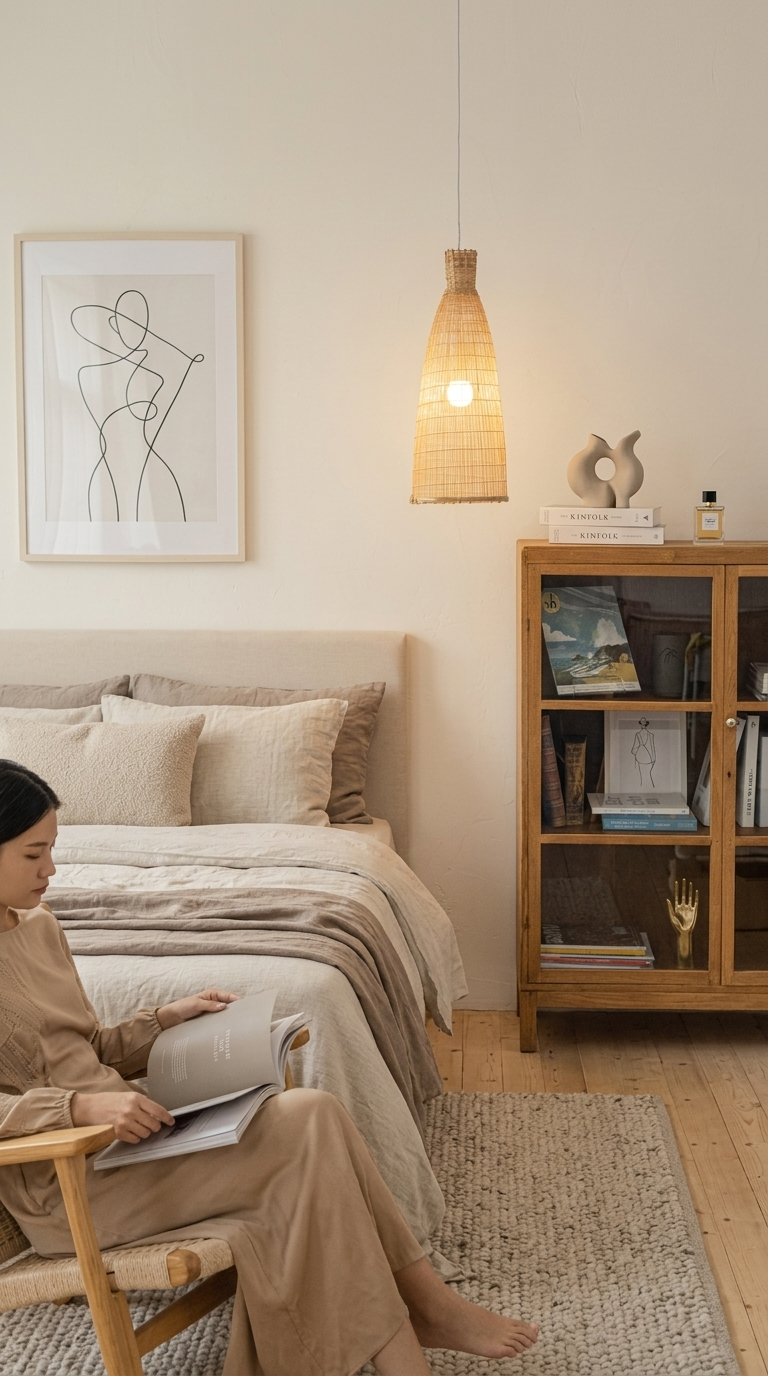 A RA DA handwoven bamboo and rattan pendant light shade hanging from the ceiling