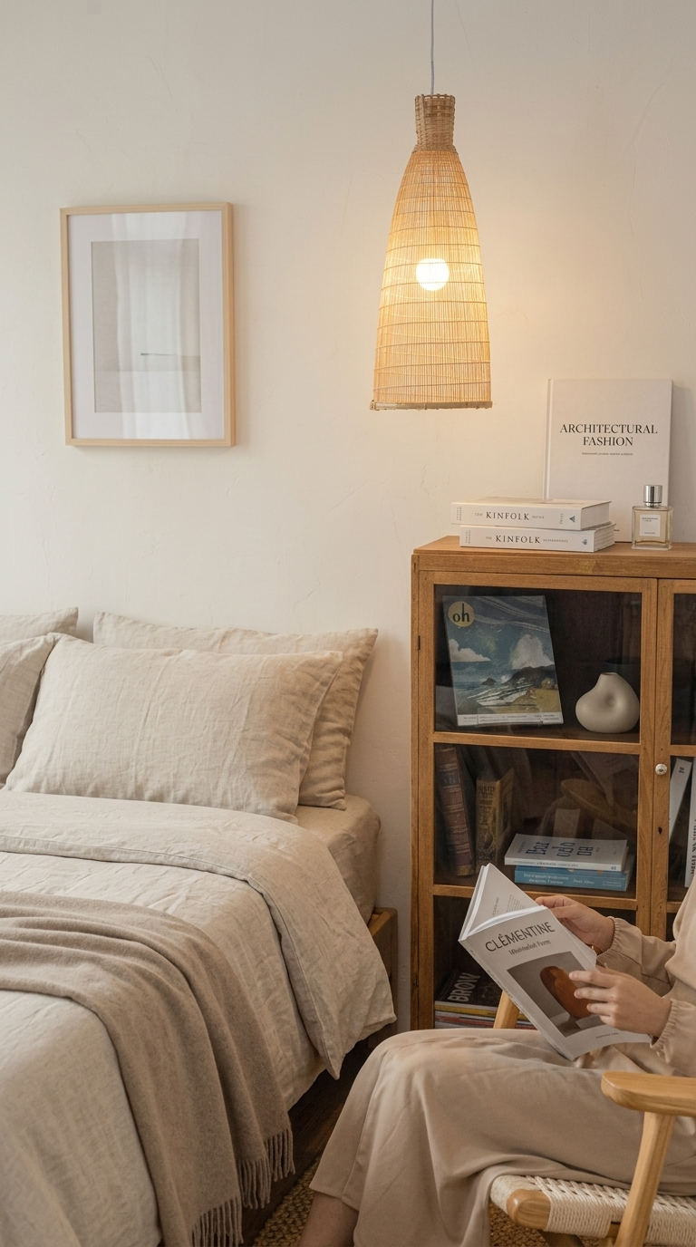 A RA DA pendant light shade shown lit, casting a warm glow in a living room