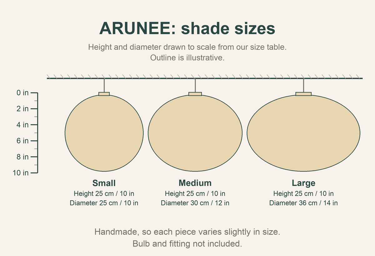 ARUNEE size chart: shade height 10 in, diameters 10 to 14 in