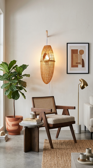 Handwoven Bamboo Boho Wall Sconce, 48 cm - AURA