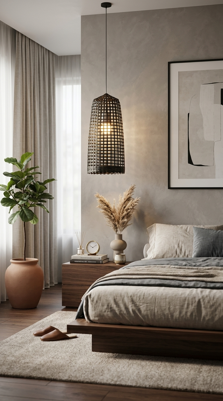 Black Bamboo Pendant Light Shade — Woven Boho Hanging Ceiling Lamp, 35-38cm