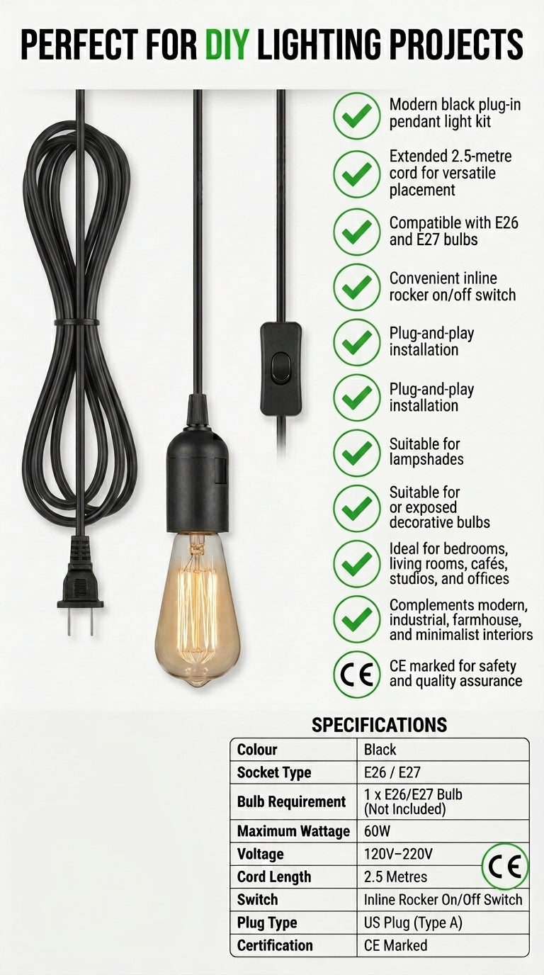 Kit de lampe enfichable UE avec interrupteur pour suspension (noir)