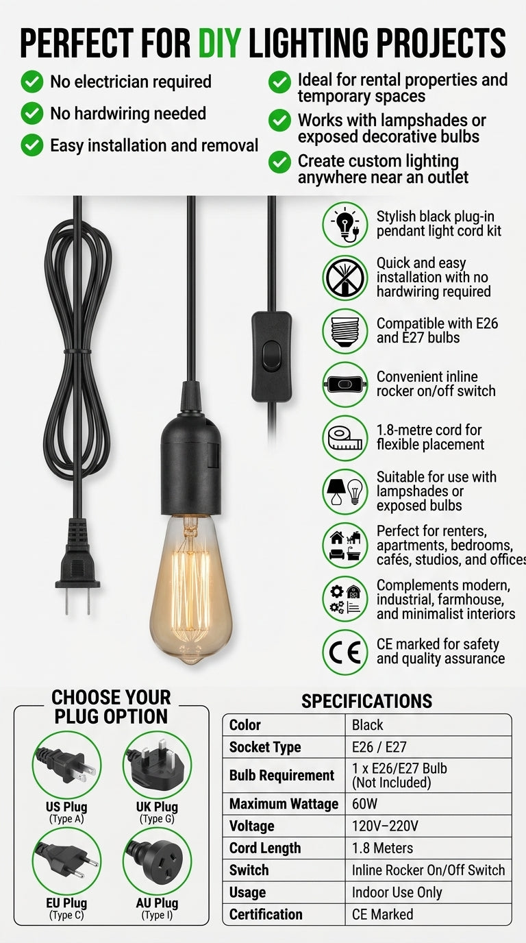 Schwarzer US-Plug-in-Lampensatz mit Schalter für Pendelleuchte