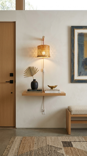 Handwoven Bamboo Boho Wall Sconce, 15 x 15 cm - CRYSTALYN