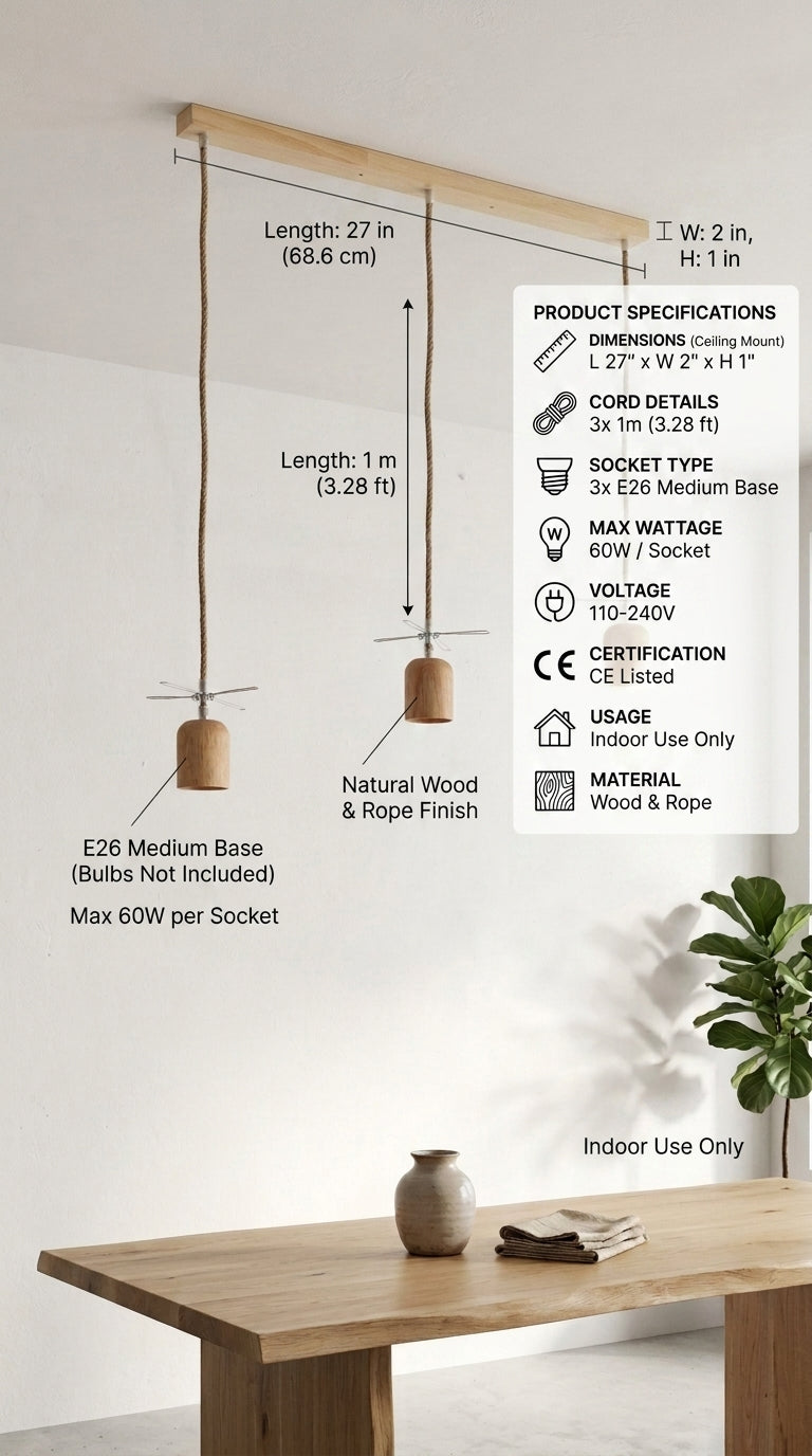 Lustre à grappes suspendues en spirale à 3 lumières - Ensemble de cordons naturels pour suspension