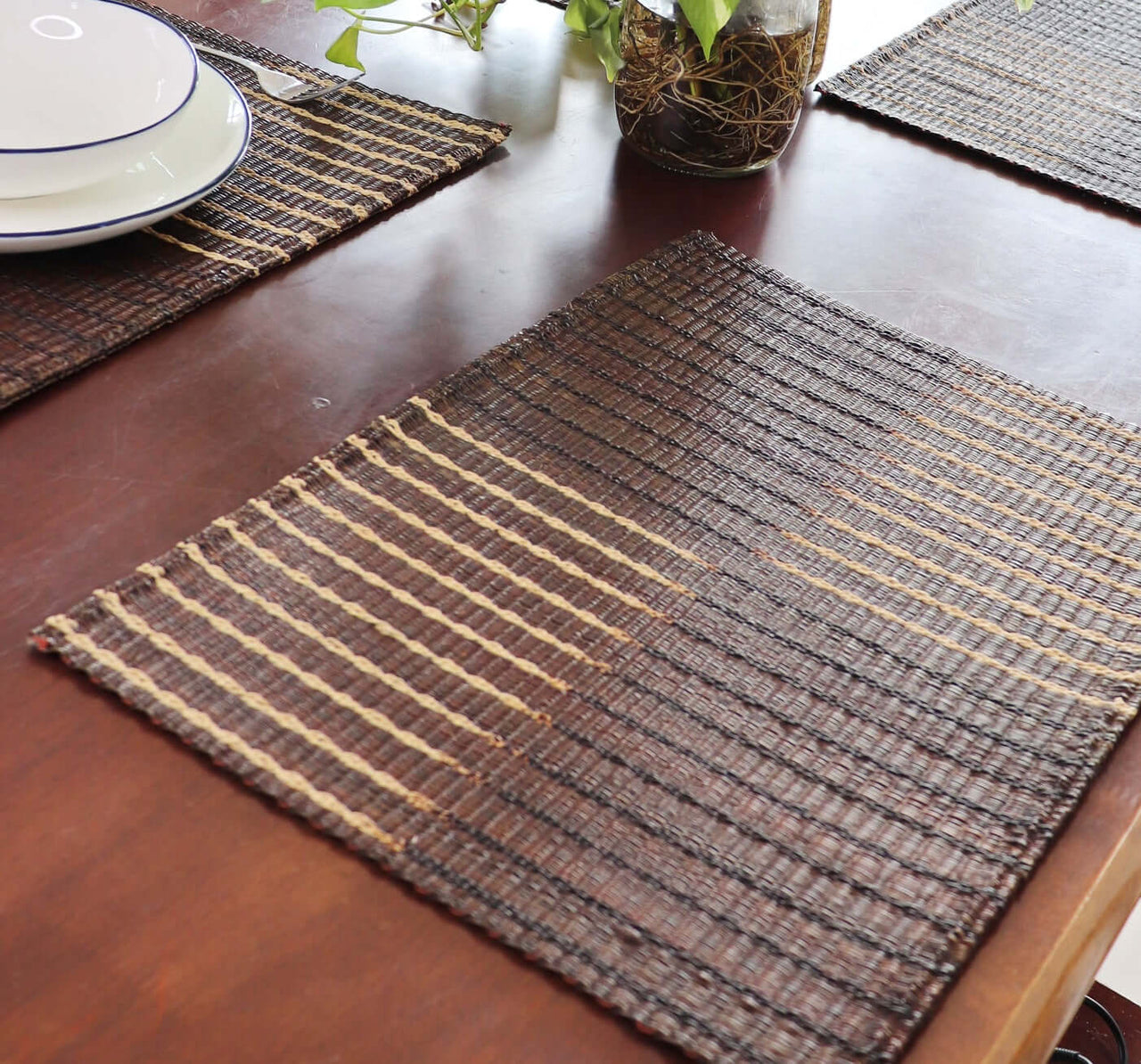 Woven placemat on a wooden table with a plant in the background