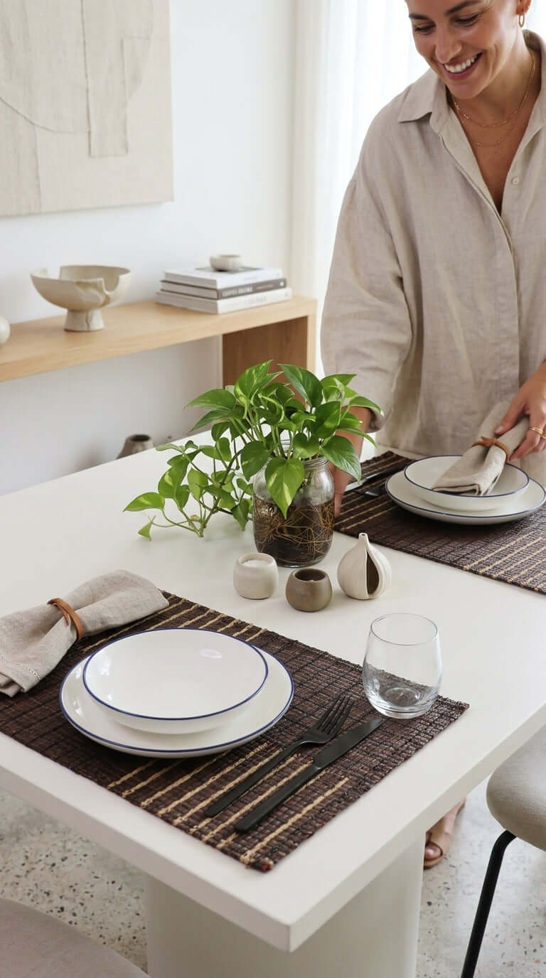 Woman setting a table with plates and cutlery in a bright room.