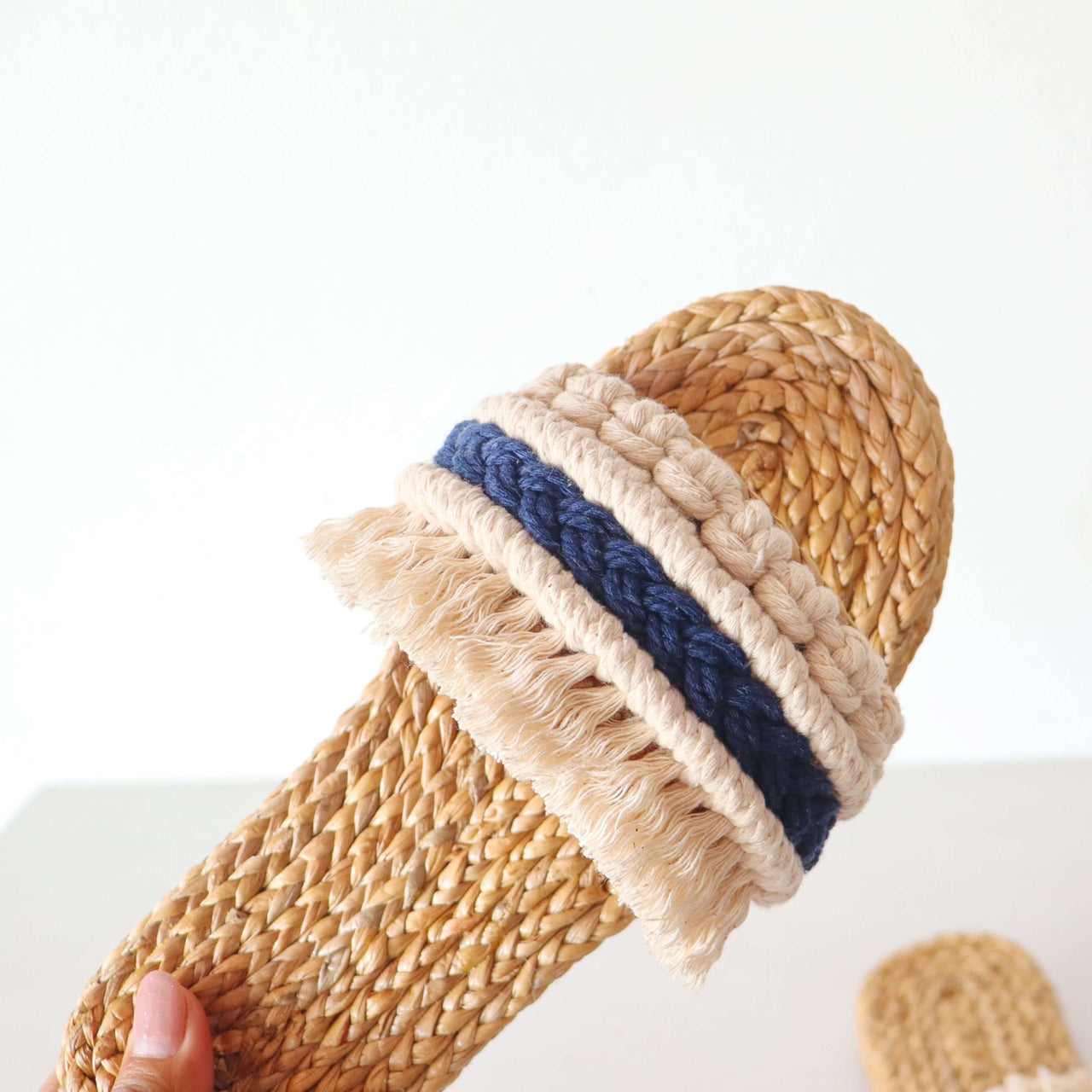 Macramé Straw Slippers - White and Blue