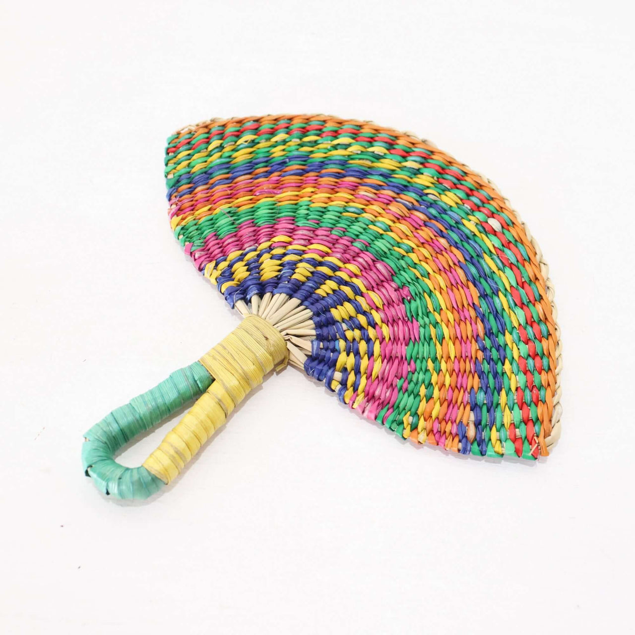 LA LA VAN – Handwoven Fan (Wall Hanging & Hand Fan) featuring vibrant multicolour patterns and a wrapped handle.