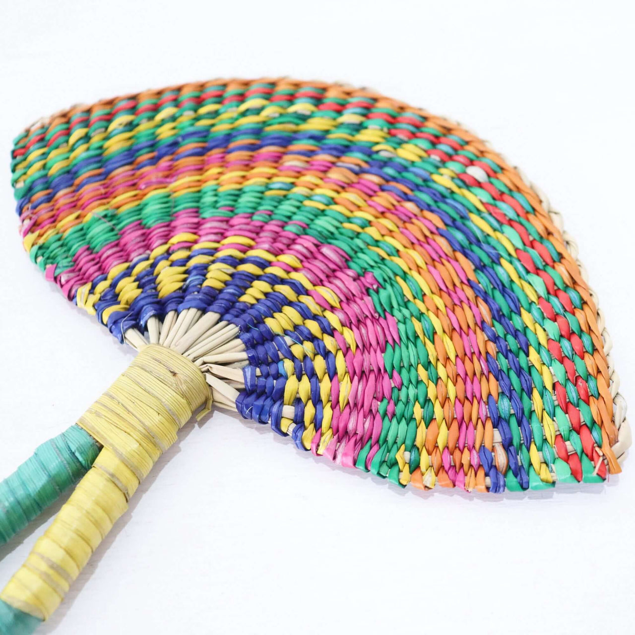 LA LA VAN – Handwoven Fan (Wall Hanging & Hand Fan) featuring vibrant multicolour patterns and a wrapped handle.