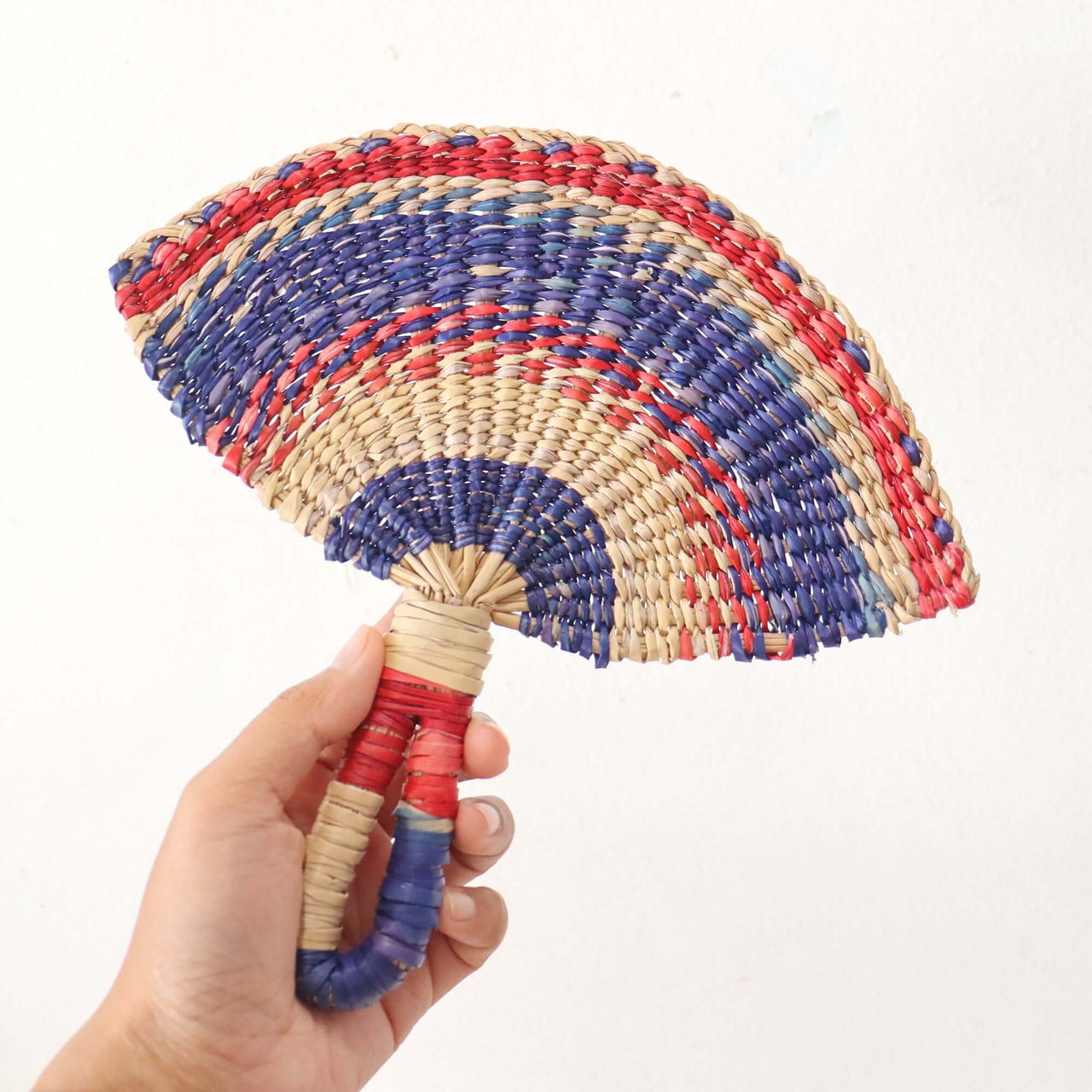 LA LA VAN – Handwoven Fan (Wall Hanging & Hand Fan) in vibrant multicolour patterns, held in a hand.