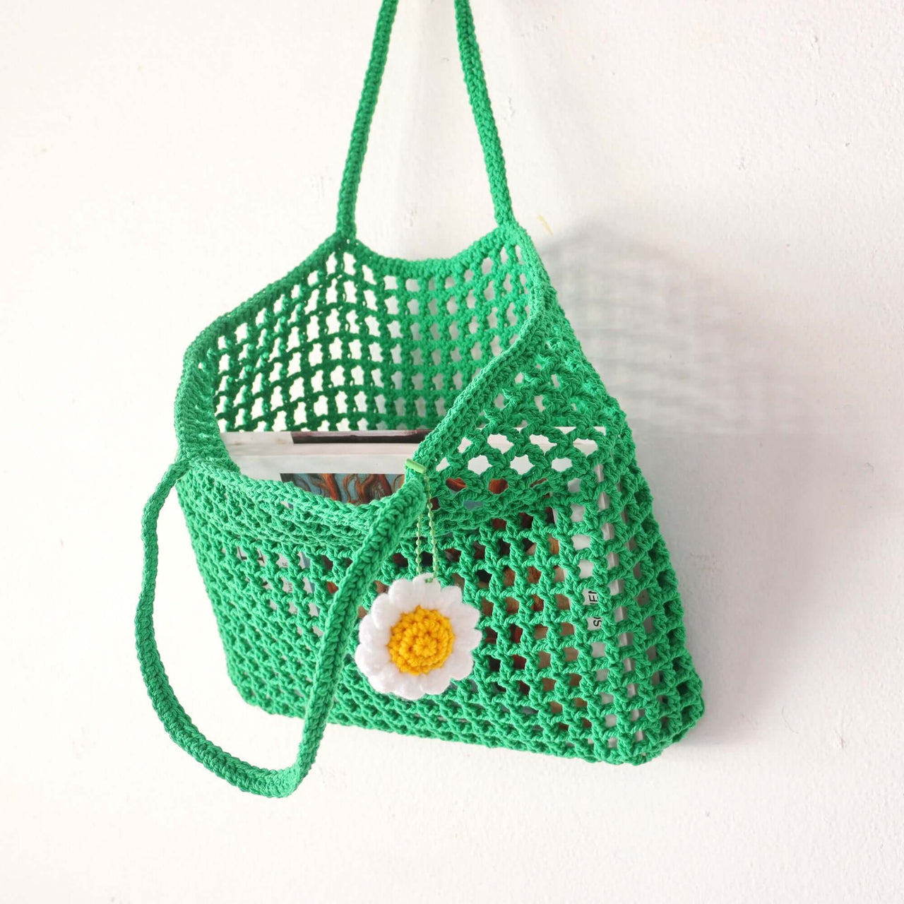 Green Crochet Bag — straw handbag for beach days and city strolls