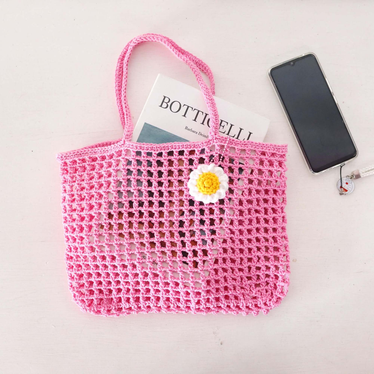 Pink Crochet — boho straw handbag for everyday carry