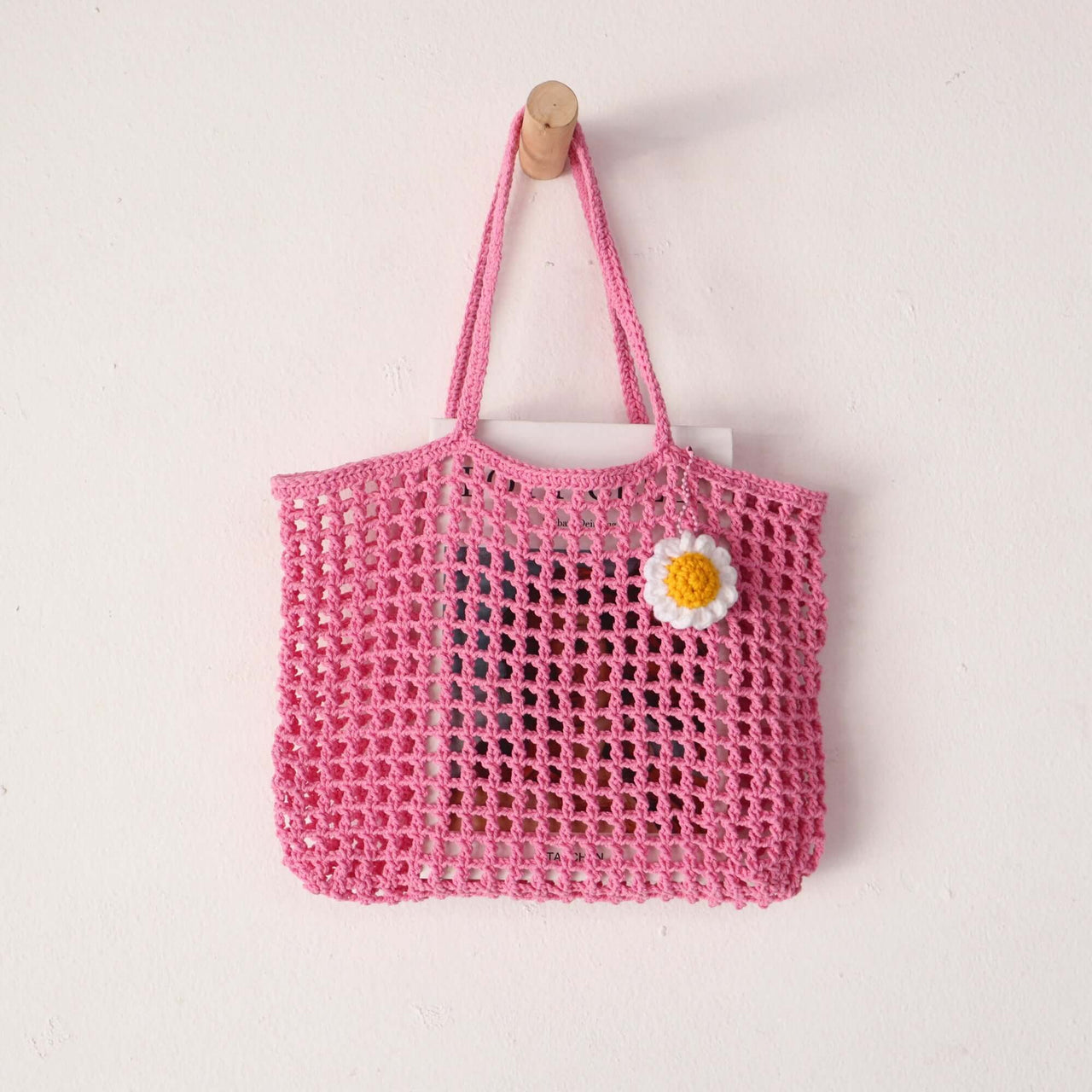 Pink Crochet — natural straw handbag with an artisan woven finish