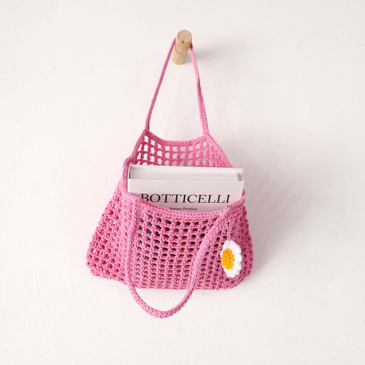 Pink Crochet — compact straw handbag for festivals and markets