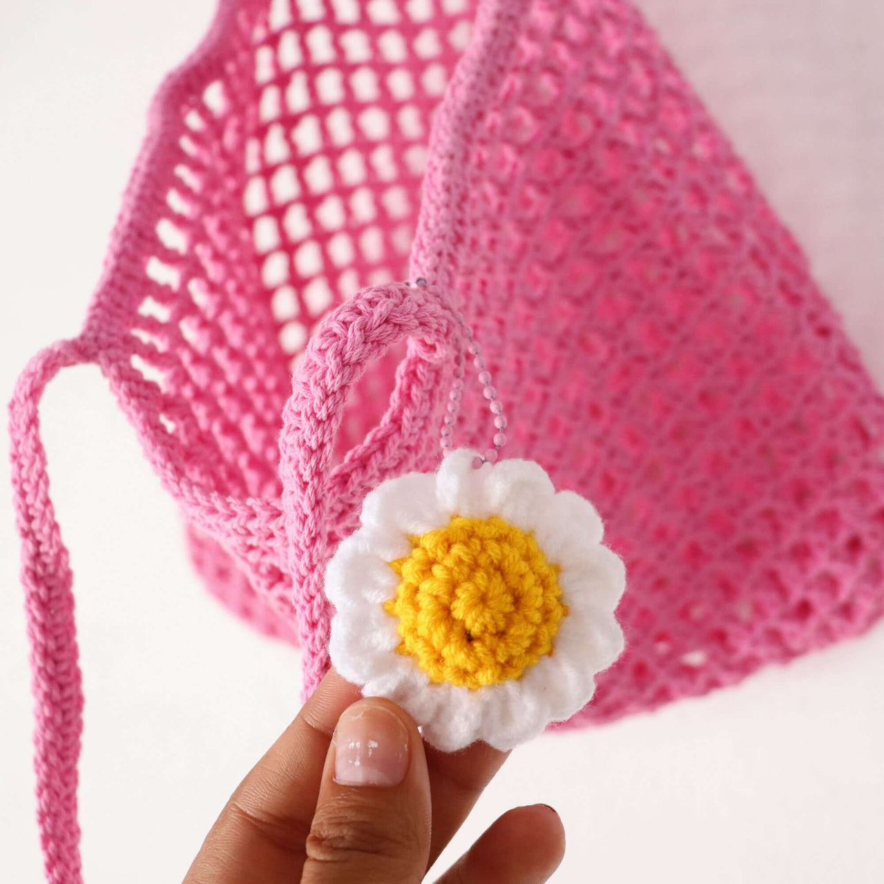 Pink Crochet — straw handbag in natural earthy tones