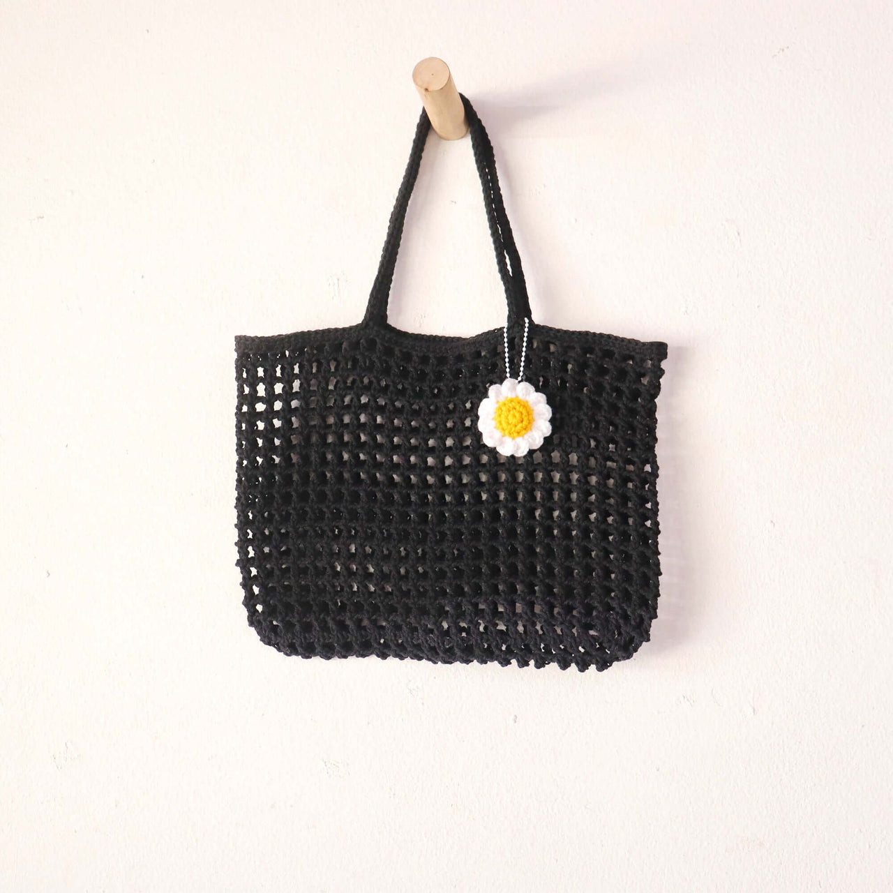 Black Crochet Bag — handwoven straw handbag with a soft, natural weave
