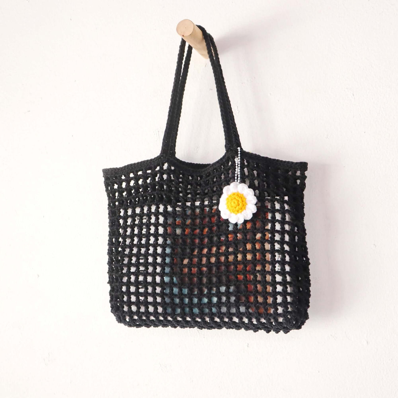 Black Crochet Bag — compact straw handbag for festivals and markets