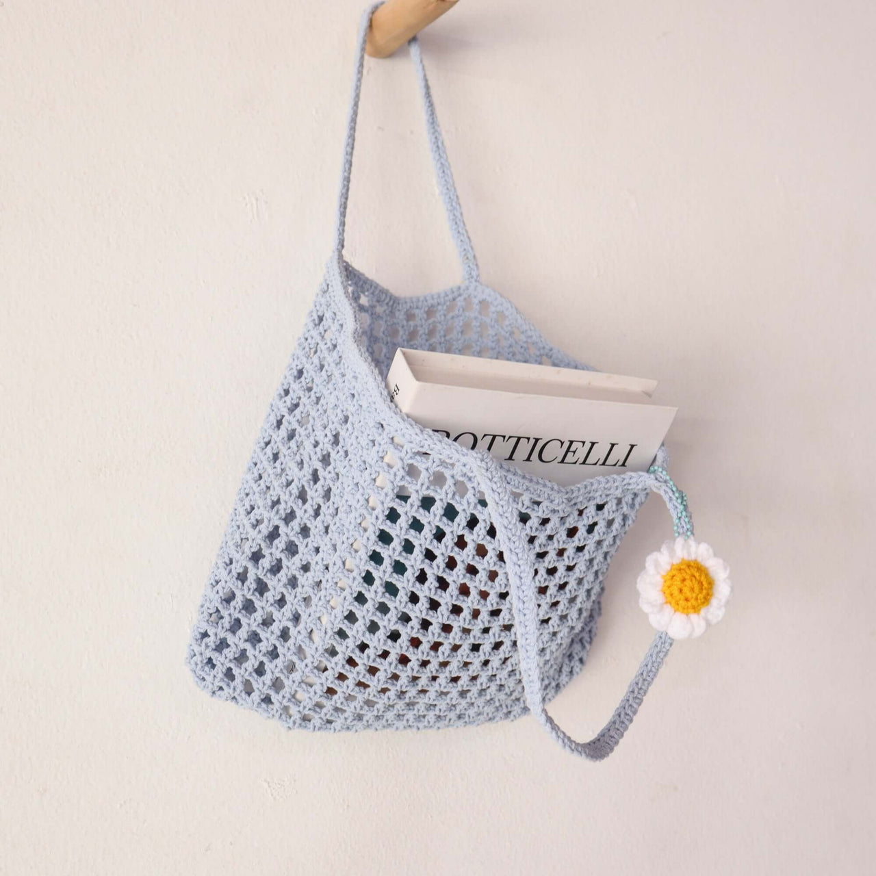 Light Blue Crochet — compact straw handbag for festivals and markets