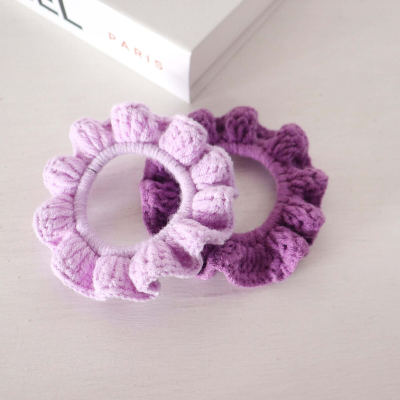 Purple Tones - Hand Crochet Scrunchies featuring delicate lilacs and deep violet shades.