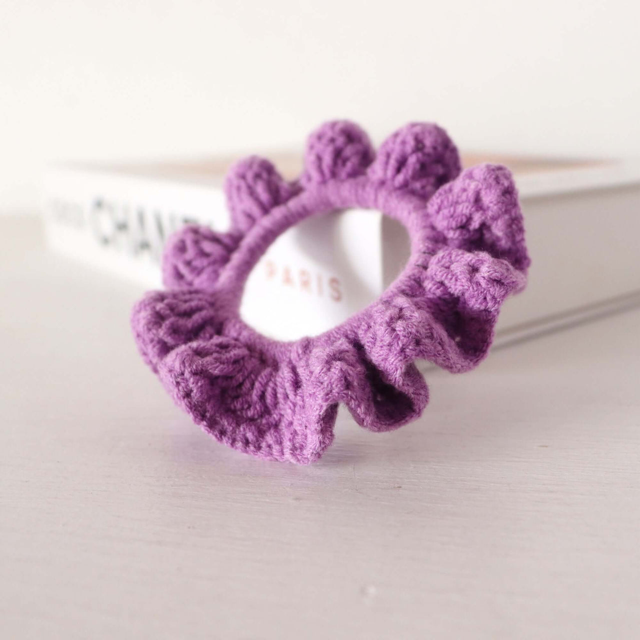 Purple Tones - Hand Crochet Scrunchies in soft lavender yarn, showcasing elegant texture and style.