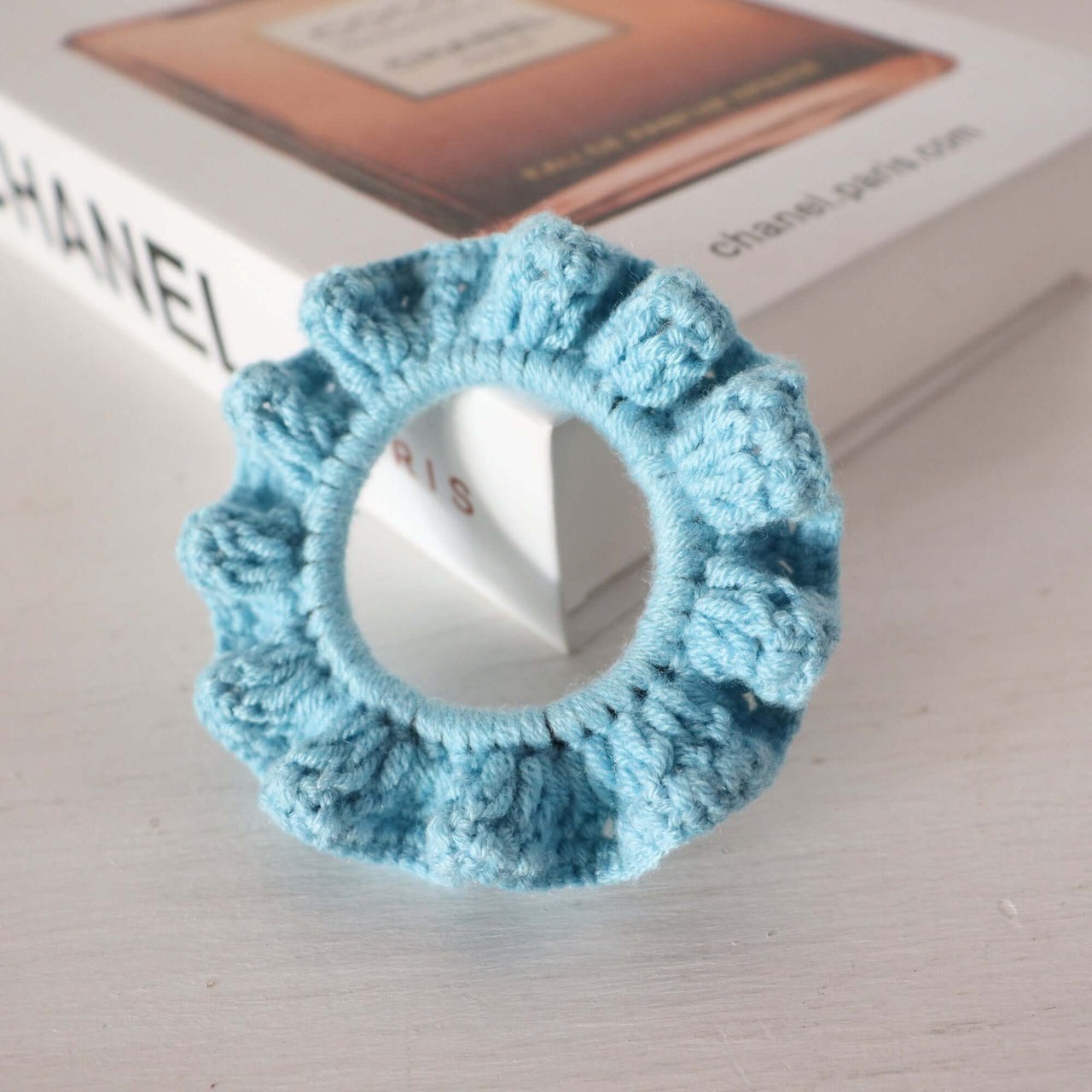 Purple Tones - Hand Crochet Scrunchies in soft blue color, showcasing delicate texture and elegant style.