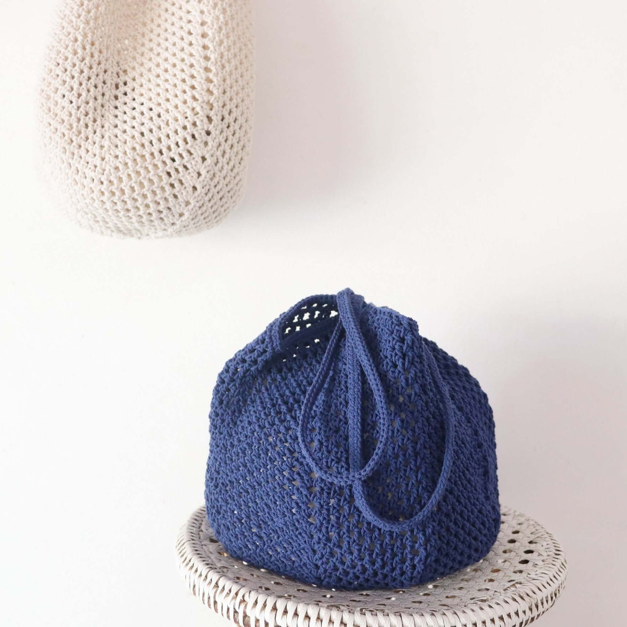 Blue Crochet Shoulder — straw shoulder bag styled for summer beach outings