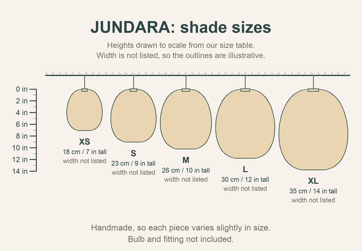JUNDARA size chart: shade heights 7 to 14 in (18 to 35 cm)