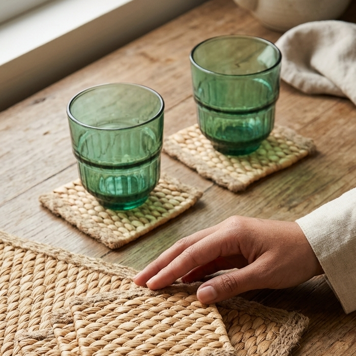 KA NOK PUN Water Hyacinth Boho Coaster Set of 4