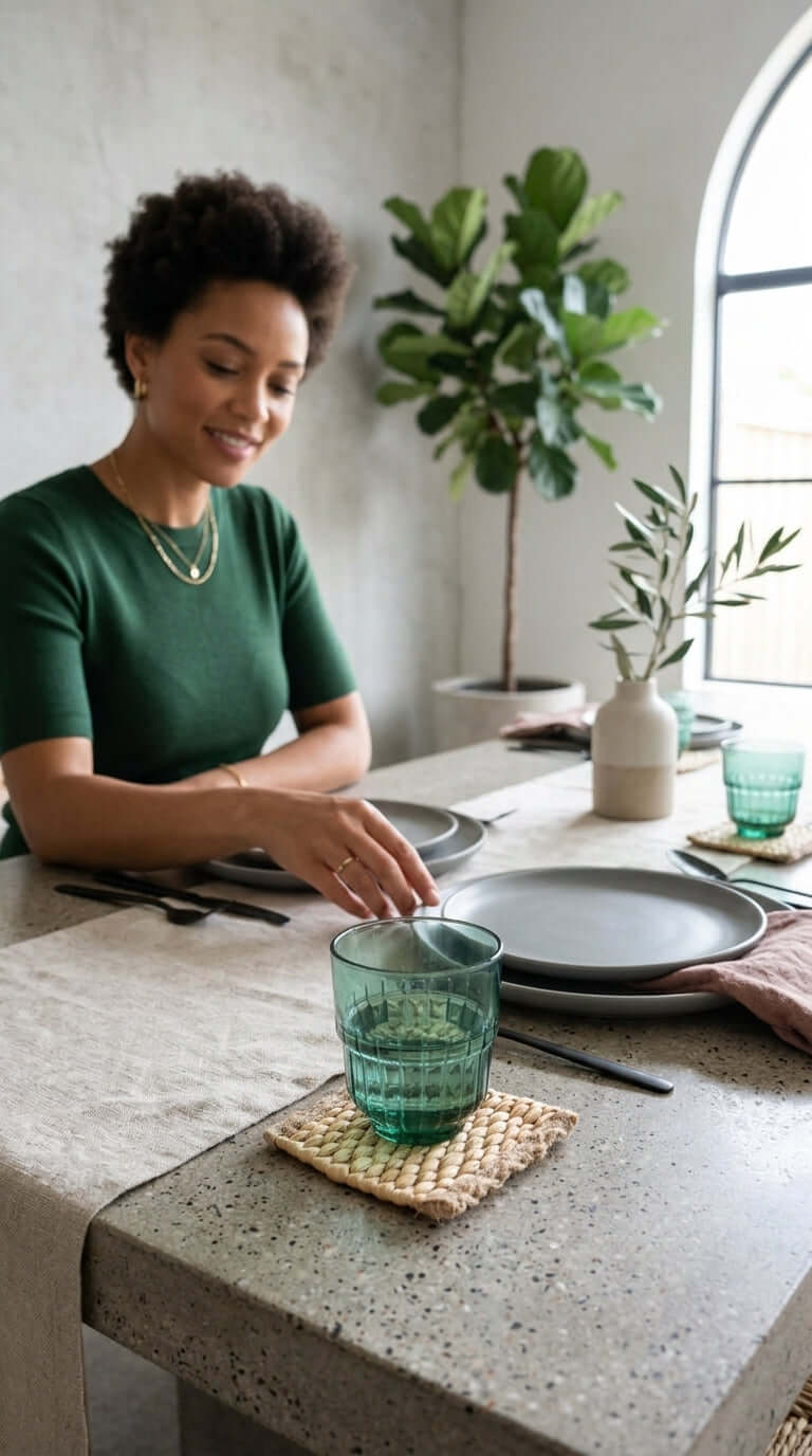 A woman setting a table with KA NOK PUN Water Hyacinth Boho Coaster Set of 4, featuring glassware and a plant.