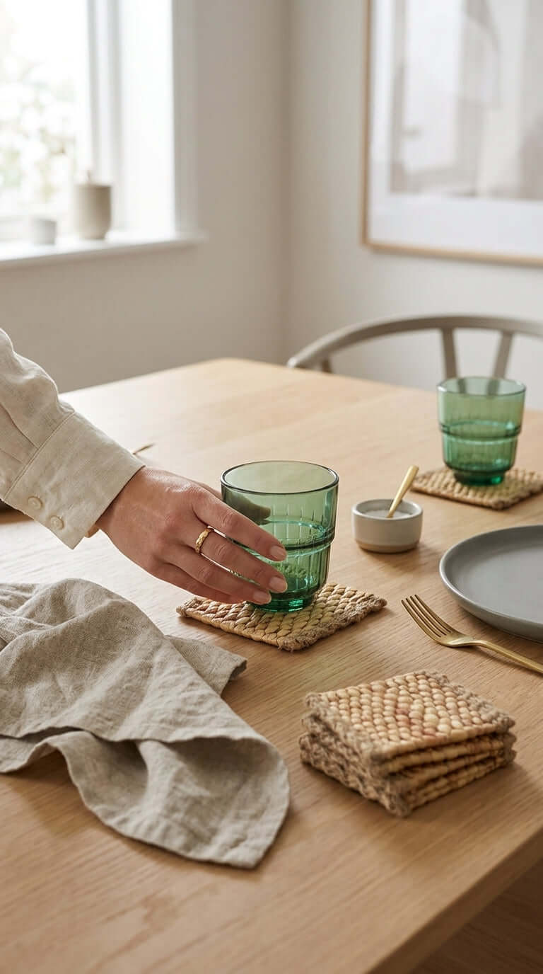 A woman setting a table with KA NOK PUN Water Hyacinth Boho Coaster Set of 4, featuring glassware and a plant.