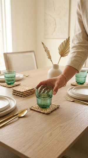 KA NOK PUN Water Hyacinth Boho Coaster Set of 4 on a beautifully set dining table with green glasses.