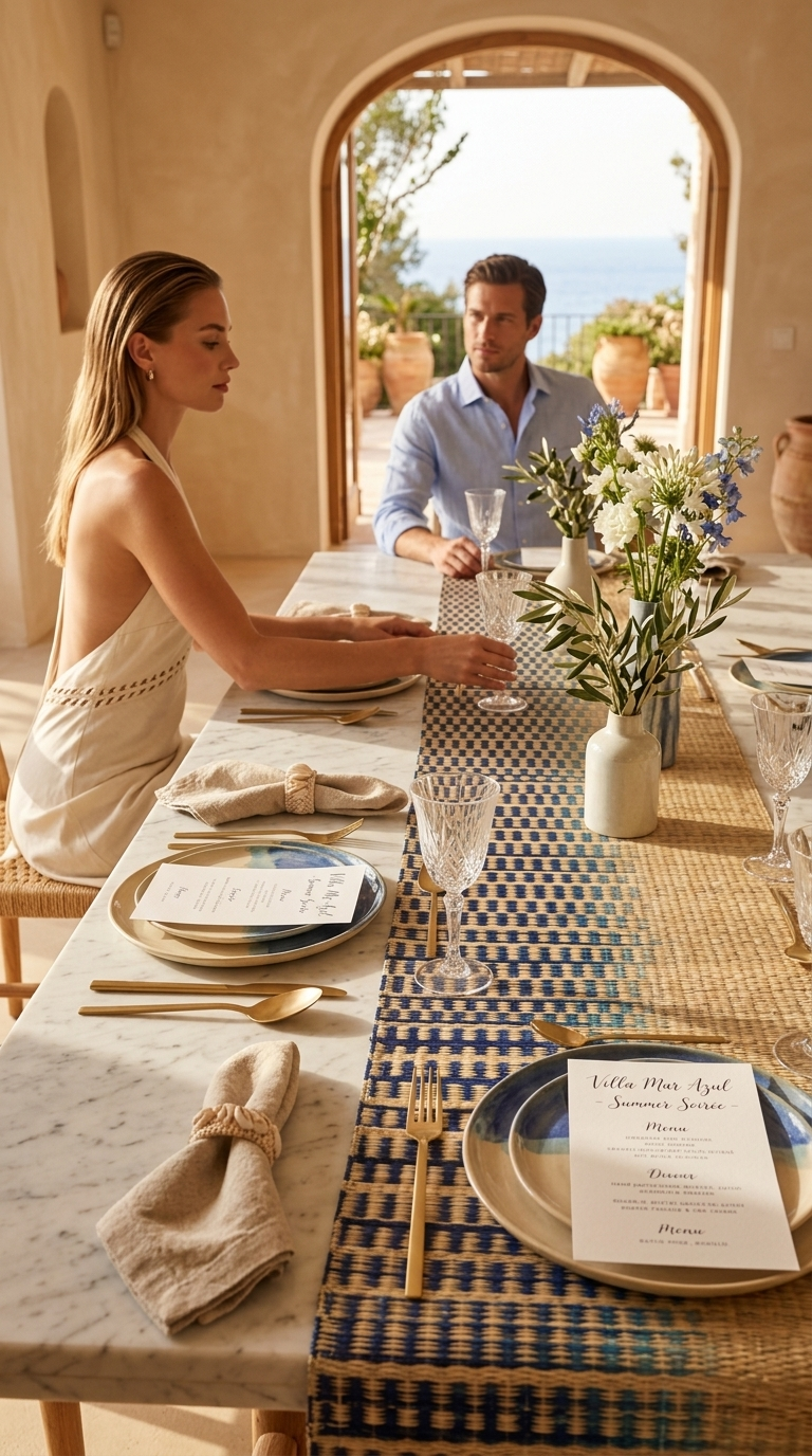 LAVINLIA Handwoven Sedge Table Runner | Blue and Natural