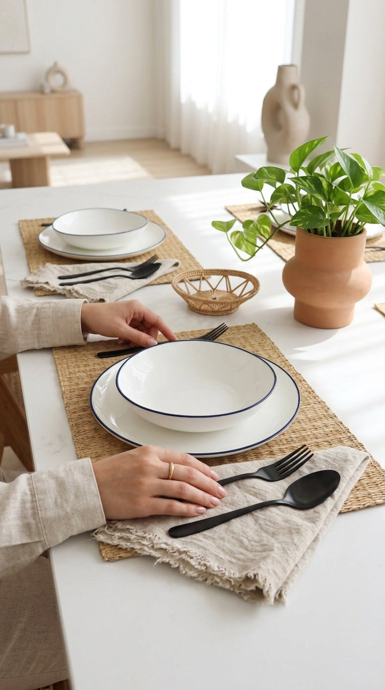 Person setting a table with white plates, black rims, and black cutlery on a white surface.