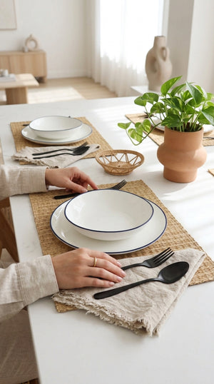 Person setting a table with white plates, black rims, and black cutlery on a white surface.