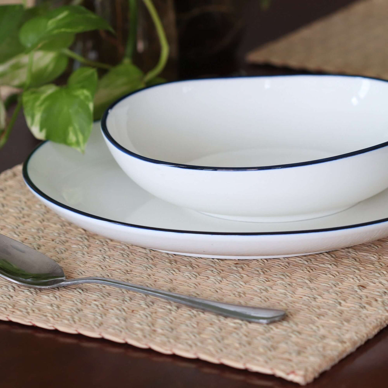 White ceramic plates with blue rims on a woven placemat, with a plant in the background.