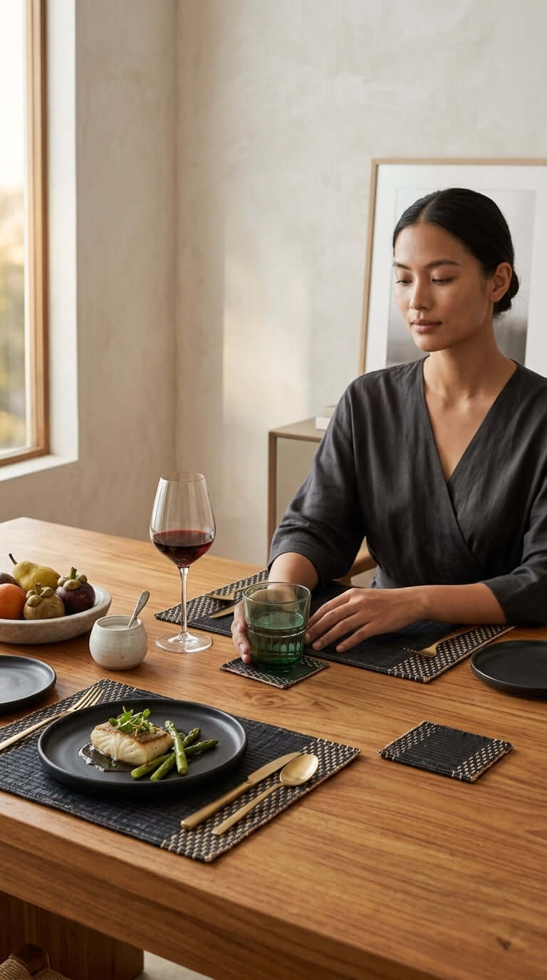 Lavila Handwoven Coaster Set of 4 elegantly displayed on a dining table with food and drinks.