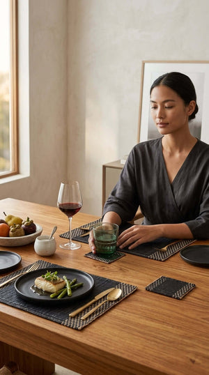 Lavila Handwoven Coaster Set of 4 elegantly displayed on a dining table with food and drinks.