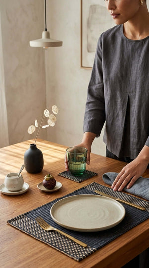 Lavila Handwoven Coaster Set of 4 displayed on a wooden table with a glass, plate, and vase.