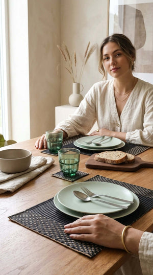 Elegant dining setup featuring Lavila Handwoven Placemat with tableware and a woman enjoying a meal.