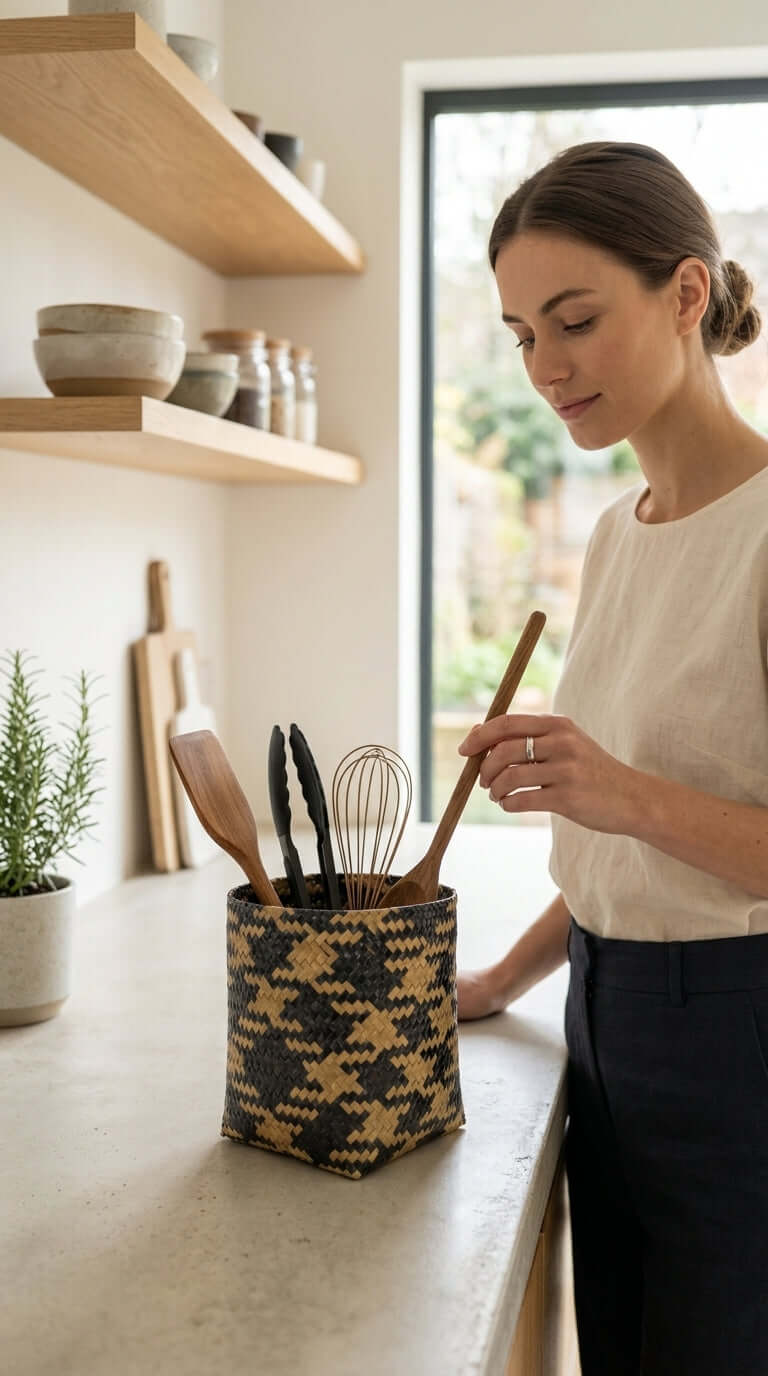 MA YA VEE Wicker Utensil Basket (Set of 2) filled with utensils on a kitchen countertop.