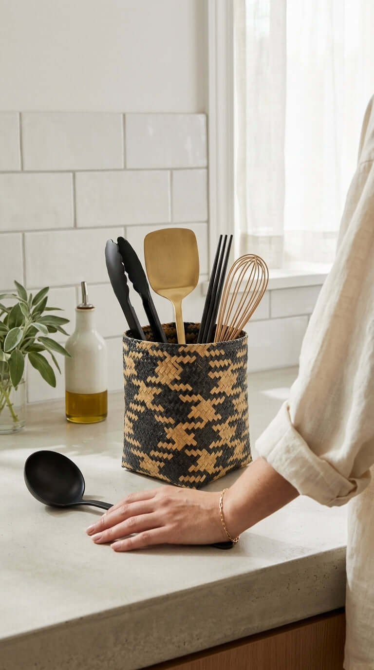 MA YA VEE Wicker Utensil Basket (Set of 2) filled with utensils on a kitchen countertop.