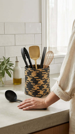 MA YA VEE Wicker Utensil Basket (Set of 2) holding kitchen utensils on a countertop.